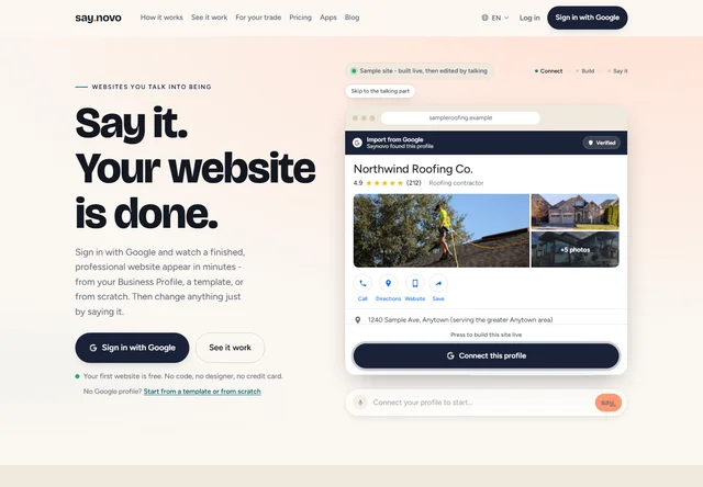 SayNovo's website builder, showing a sample roofing business website